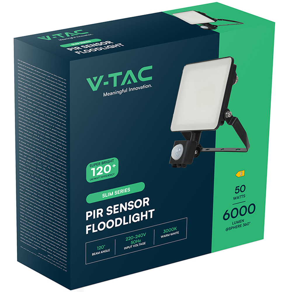V-TAC 50W 6000 Lumens Warm White LED Floodlight with PIR Sensor Image 4