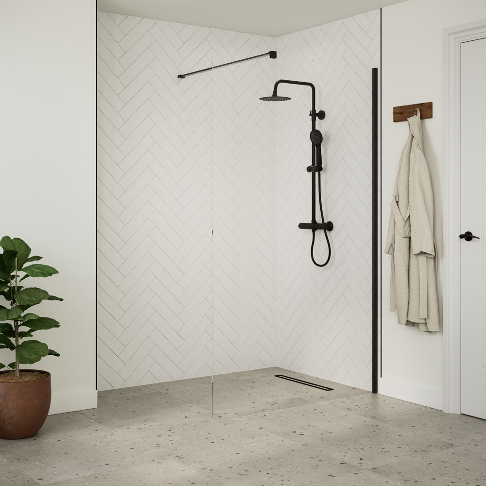 Bathstore Nero Glass Wetroom Shower Panel with Matt Black Profile and Front Bar 700mm Image 2