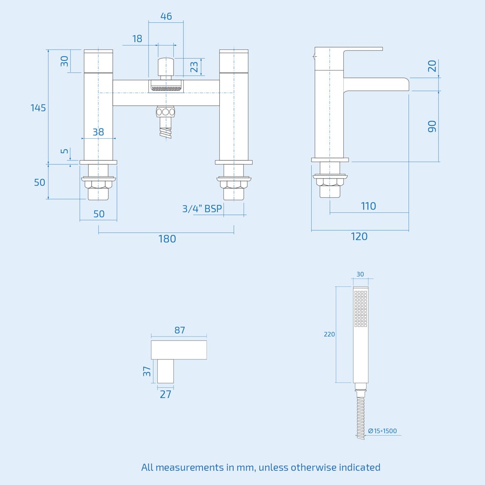 Nes Home Waterfall Matte Black Bath Shower Mixer Tap with Handset Kit Image 3