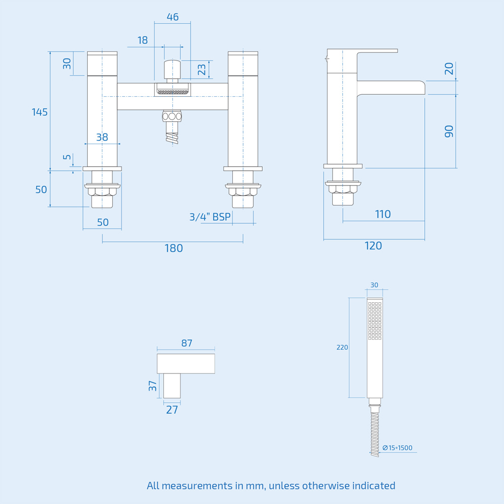Nes Home Kenton Waterfall Matte Black Square Shower Mixer Tap and Riser Rail Kit with Handset Image 5