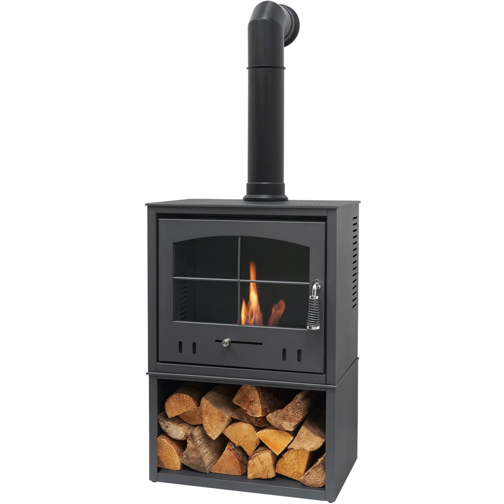 OKO S4 Charcoal Grey Bio Ethanol Stove with Log Storage and Angled Pipe Image 1