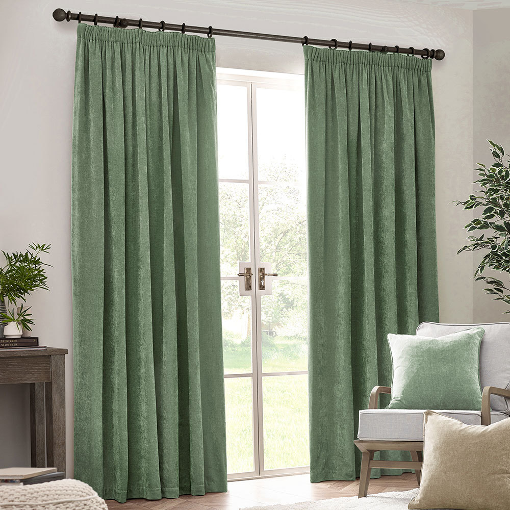 Yard Green Heavy Chenille Velvet Pencil Pleat Curtains 117 x 137cm Image 1