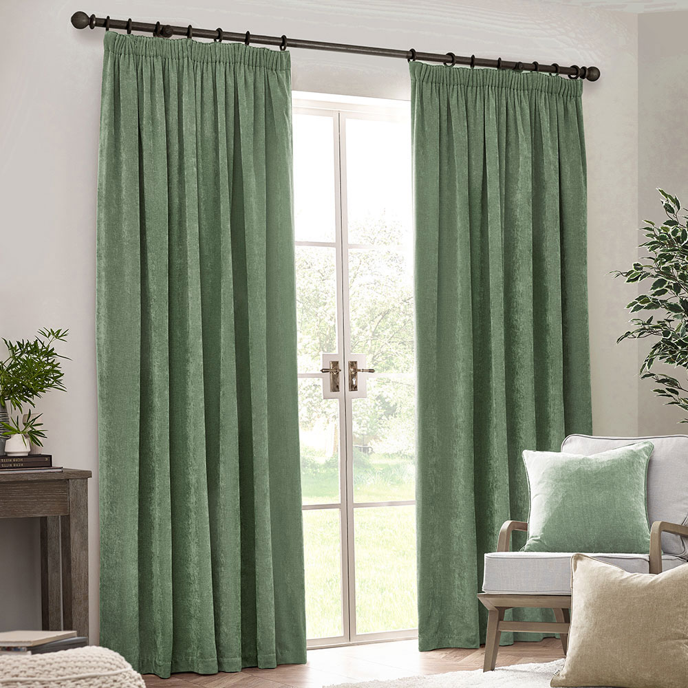 Yard Green Heavy Chenille Velvet Pencil Pleat Curtains 229 x 183cm Image 1