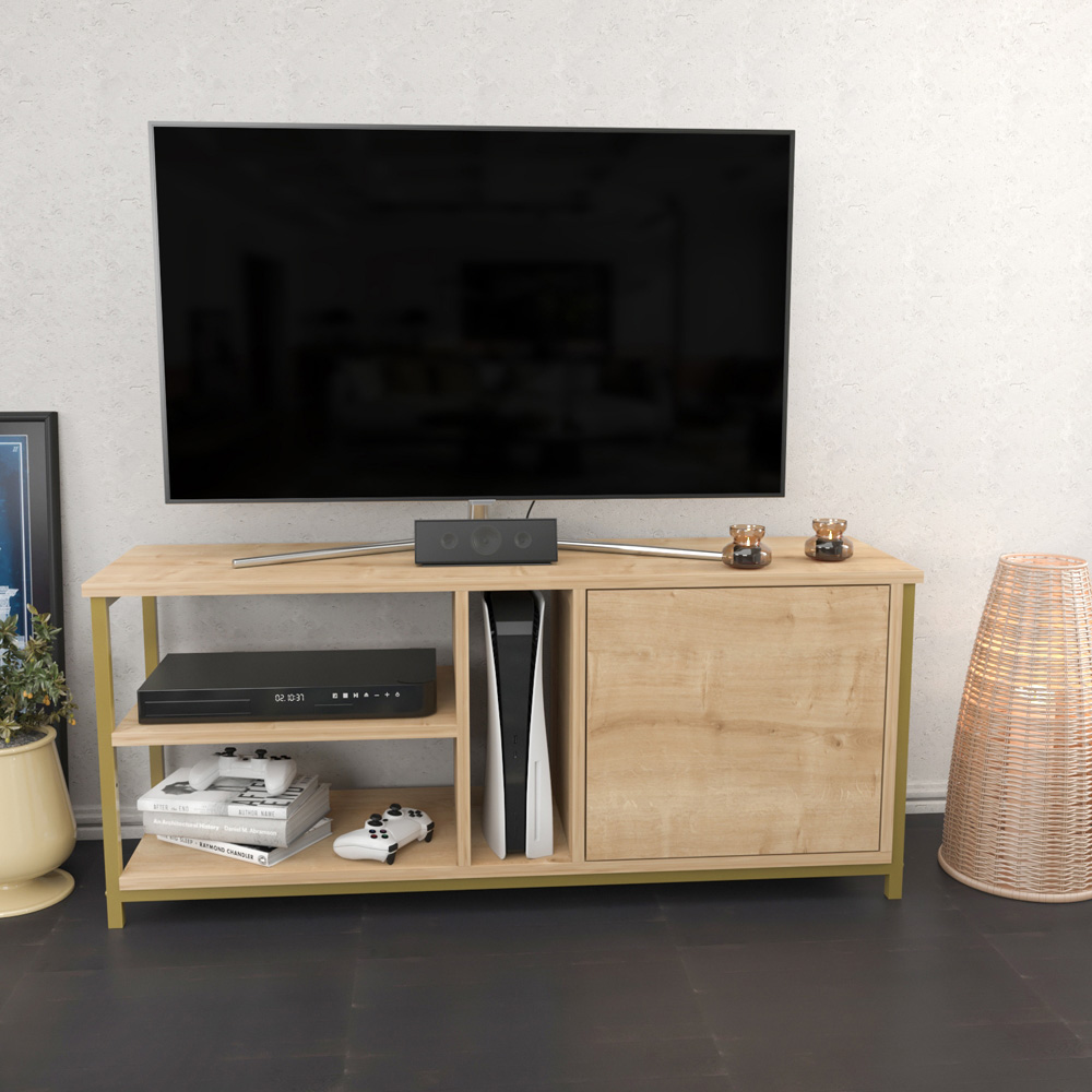 Decorotika Neola Single Door 3 Shelf Yellow and Oak TV Unit Image 4