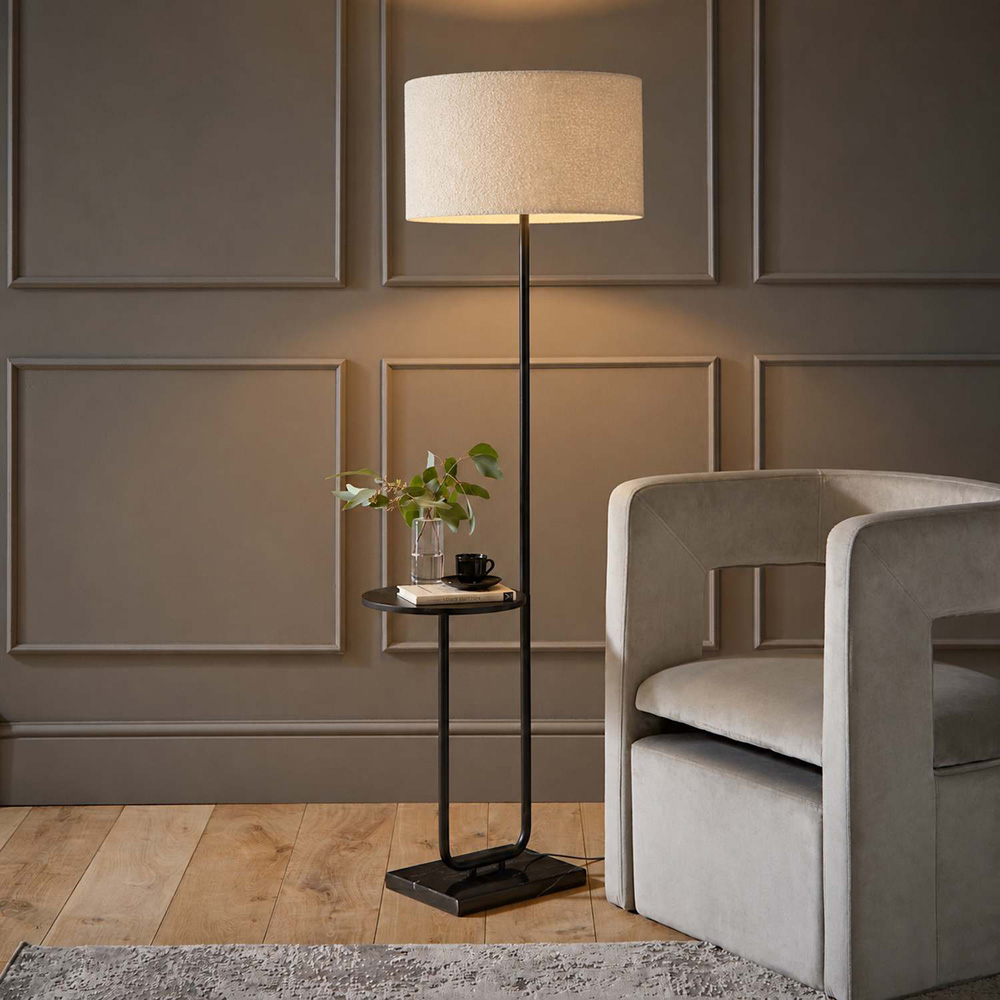 ValueLights Tavel Cream Boucle Fabric Shade Black Shelf Floor Lamp with Bulb Image 4