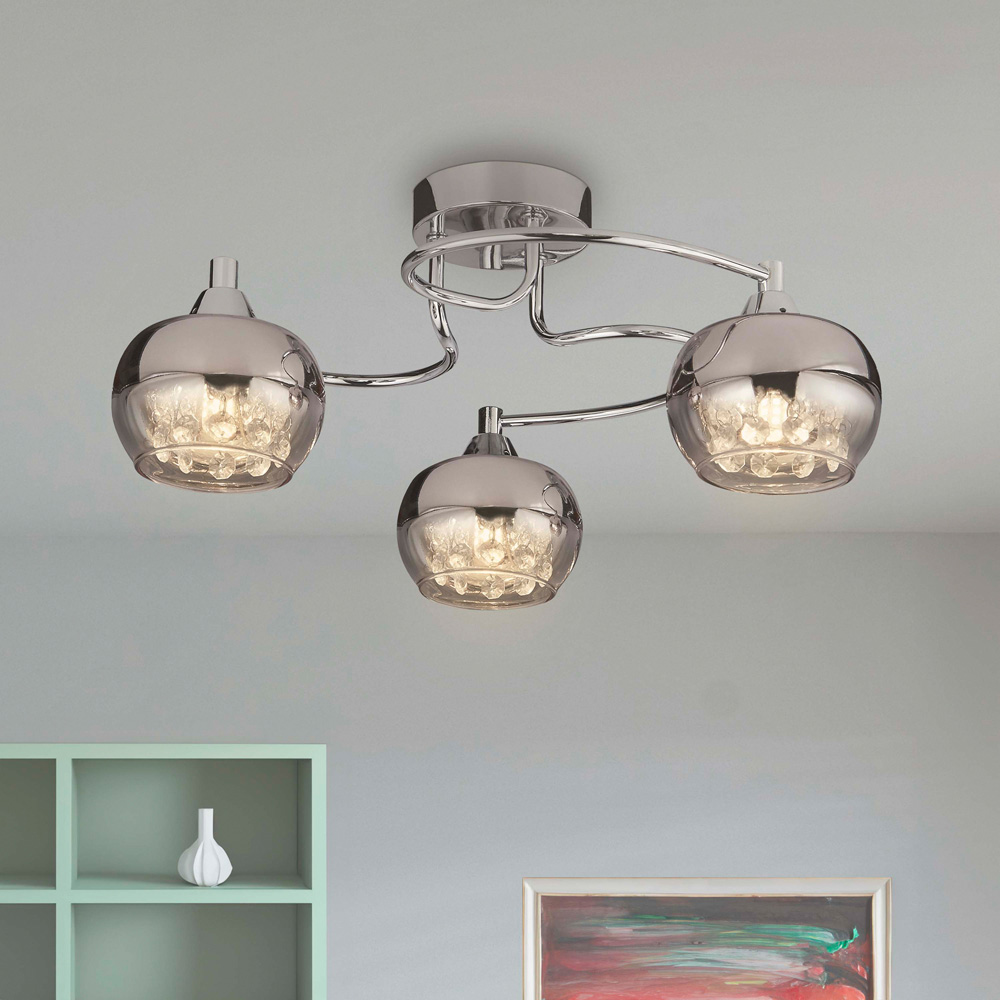 Lighting Collection 3 Light Rose Chrome Glass Flush Ceiling Light with Crystal Decorations Image 2