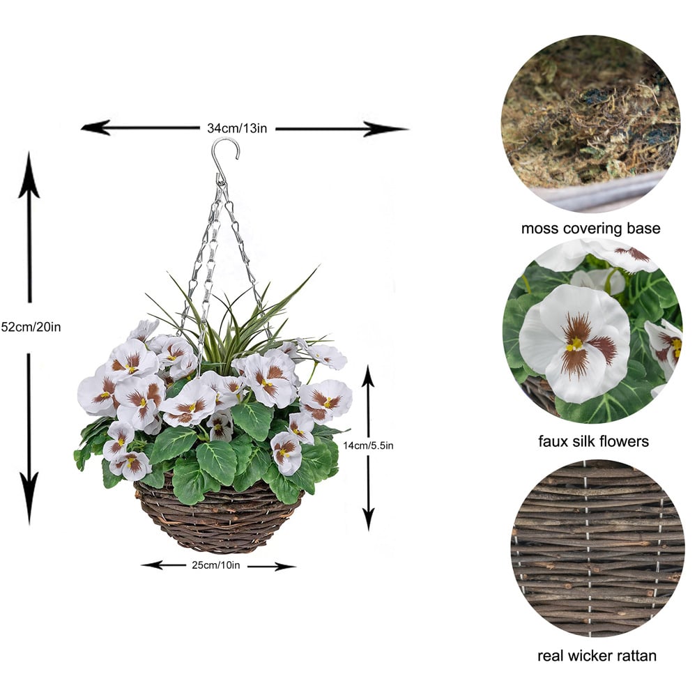 GreenBrokers Artificial White Pansies Round Rattan Hanging Plant Baskets 2 Pack Image 4