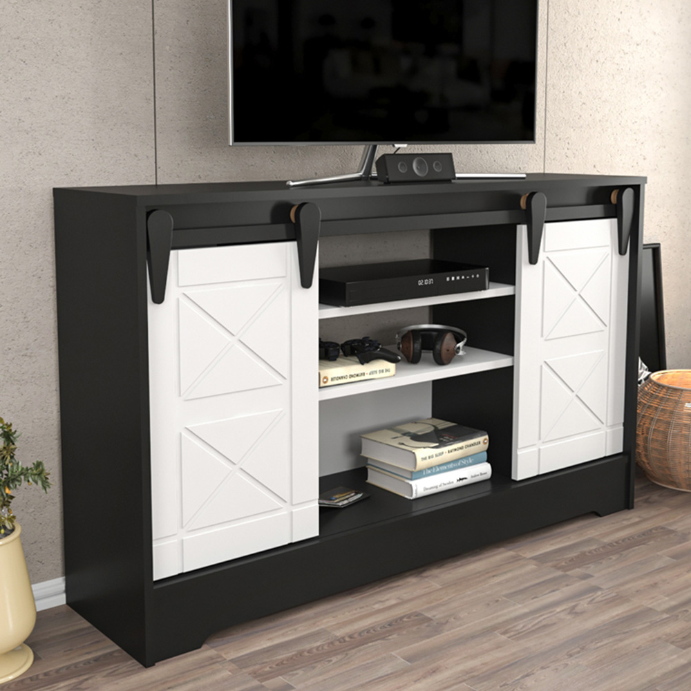 Decorotika Nisay 2 Door 3 Shelf Dark Grey and White TV Unit Image 1