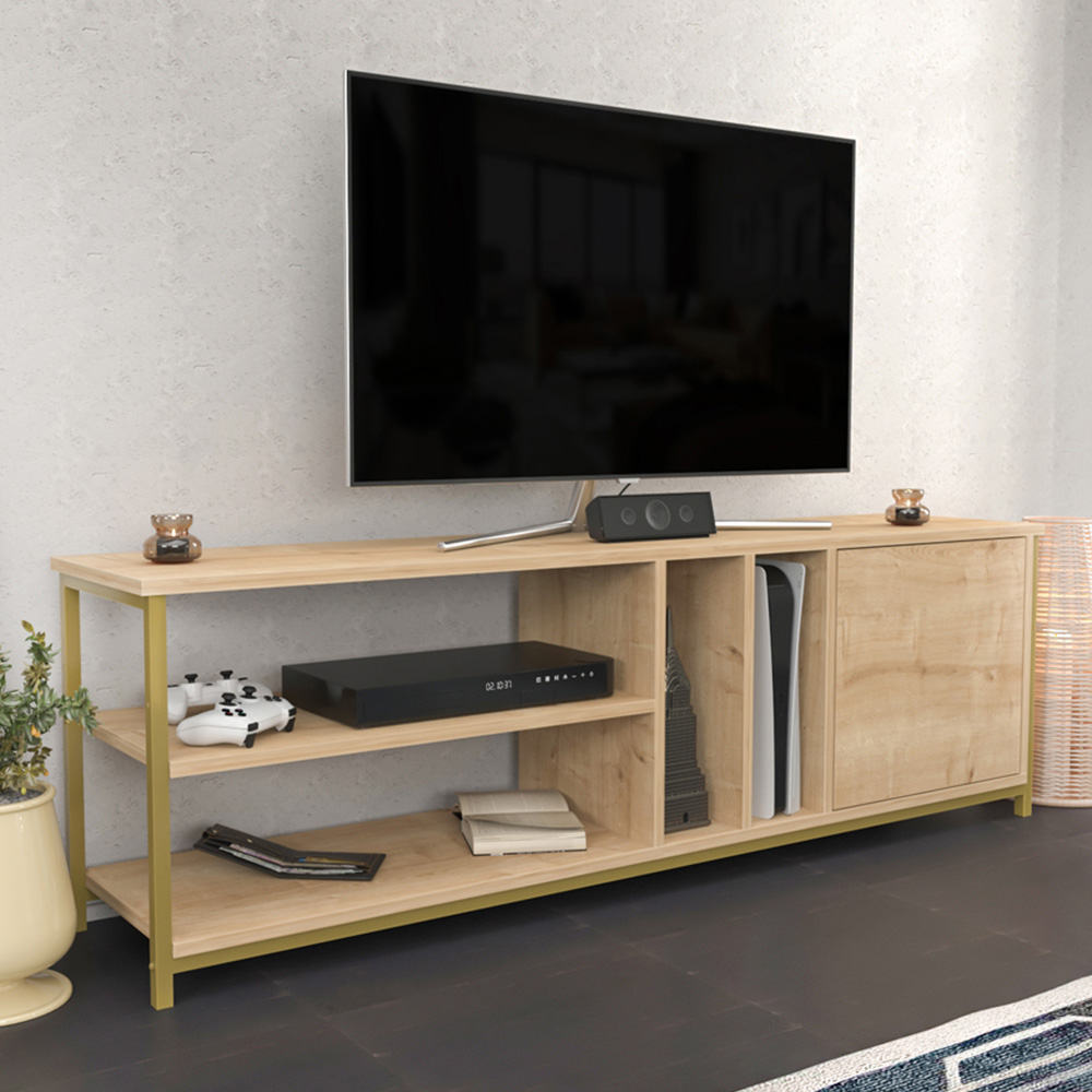 Decorotika Oneida Single Door 4 Shelf Gold and Oak TV Unit Image 6