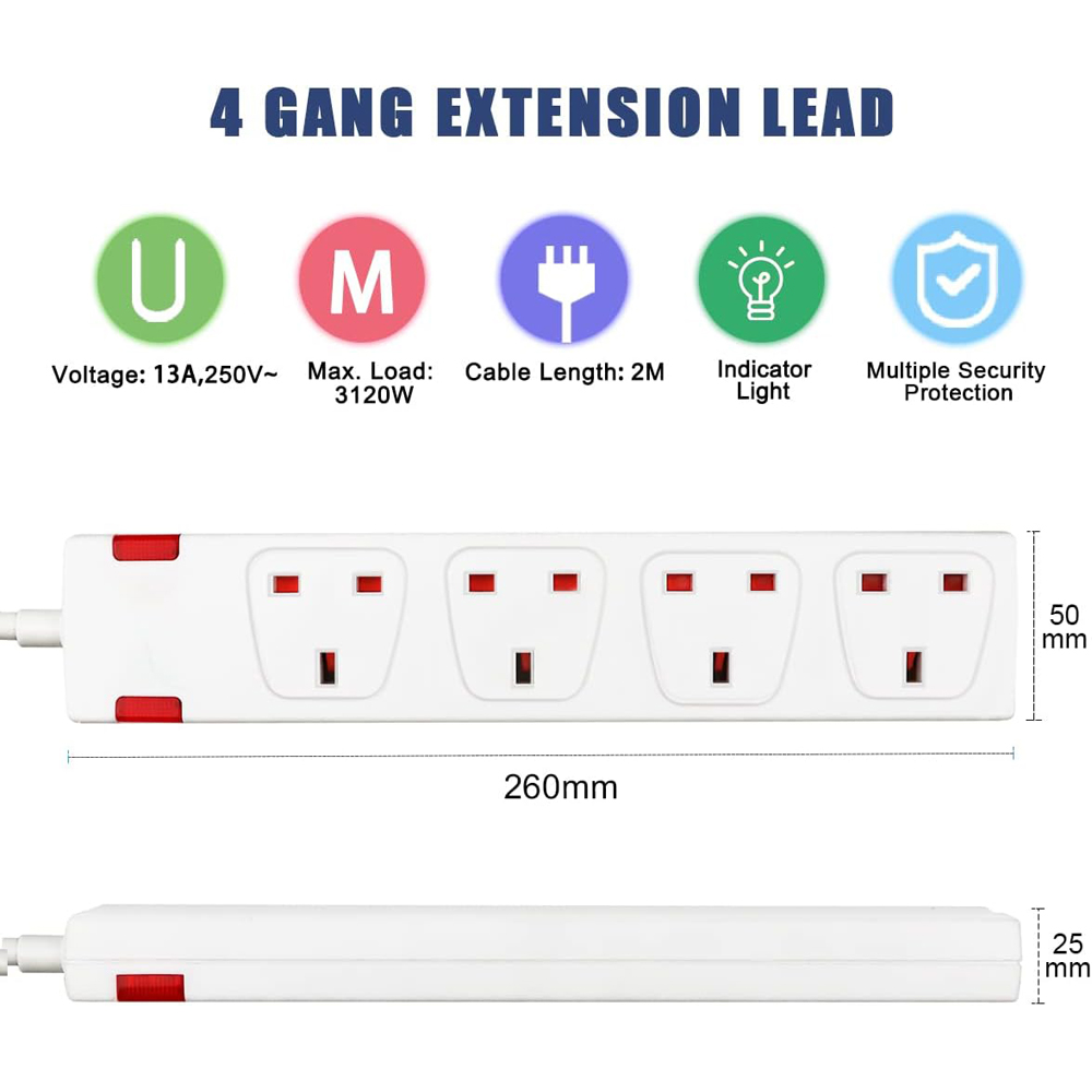 ExtraStar 13A 1m 4 Socket Child Resistant White Extension Lead with Indicate Light Image 5