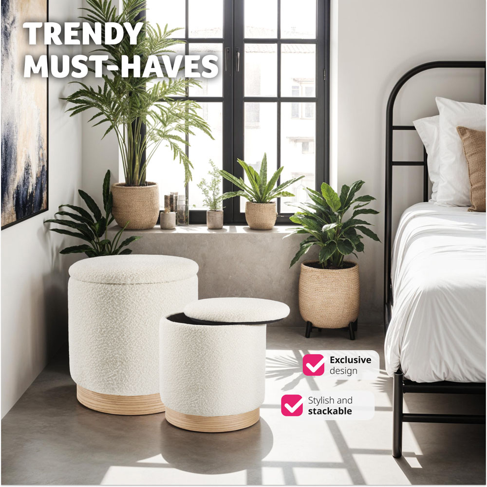 Tectake Orchid Set of 2 White Boucle Padded Stools with Storage Image 8