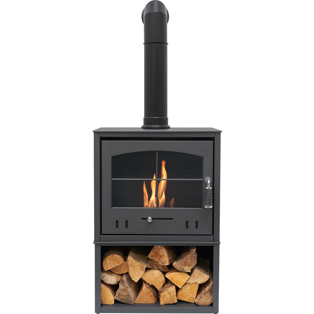 OKO S4 Charcoal Grey Bio Ethanol Stove with Log Storage and Angled Pipe Image 3
