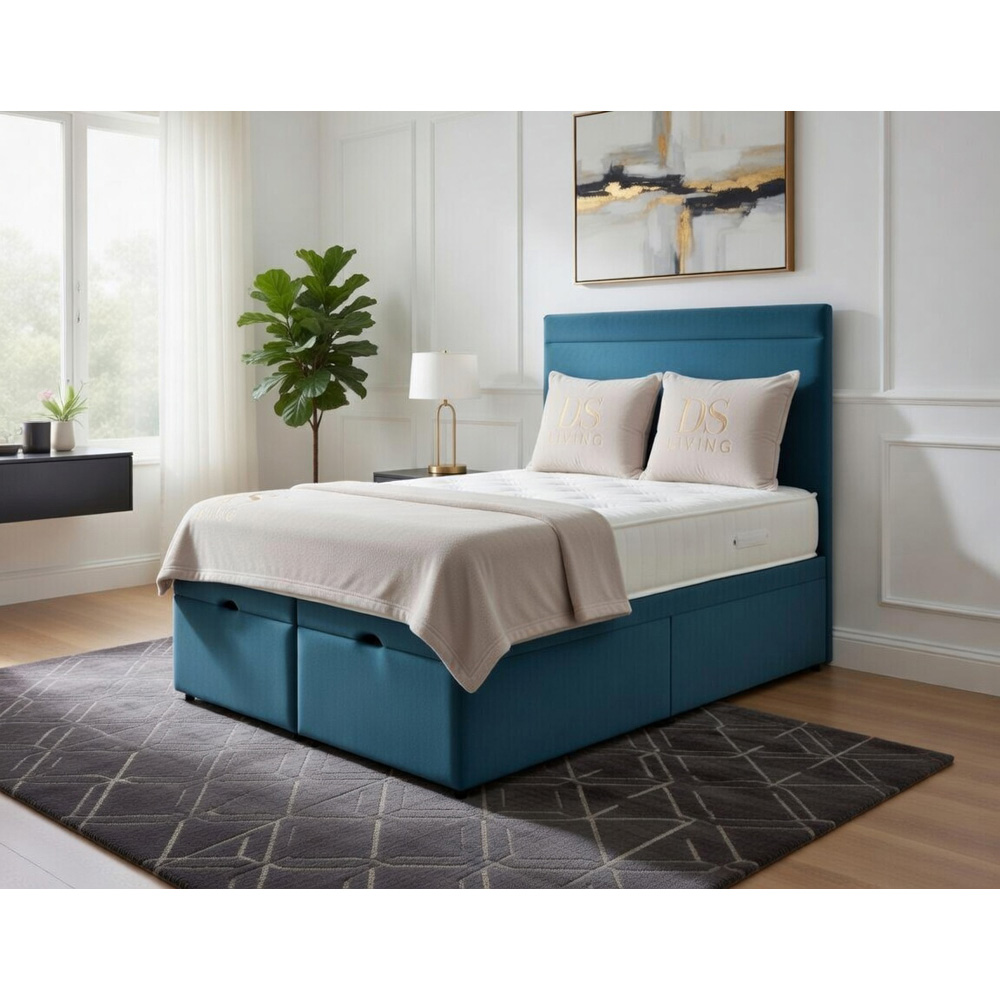 DS Living Majesty Double Sky Blue Plush Velvet Ottoman Bed Image 4