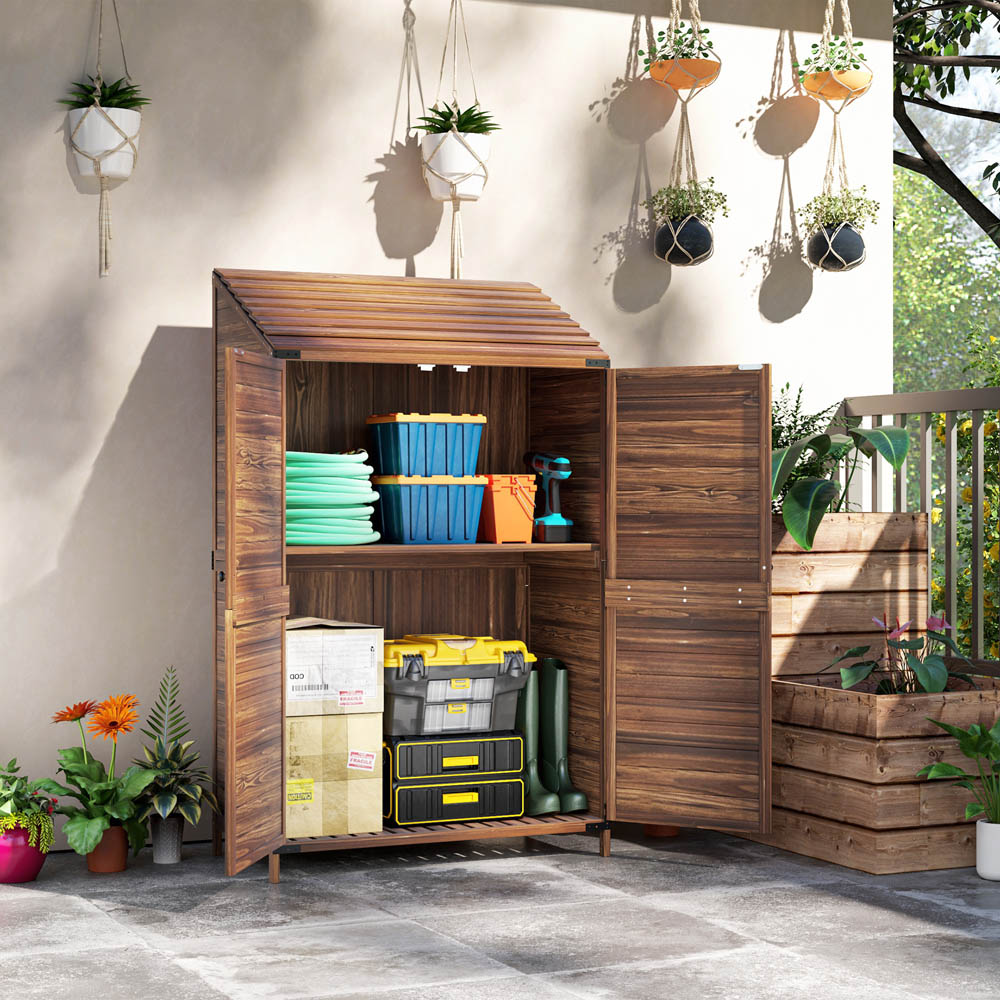 Outsunny 3.3 x 1.7ft Mixed Brown Wooden Garden Storage Shed with Double Doors and Shelves Image 5