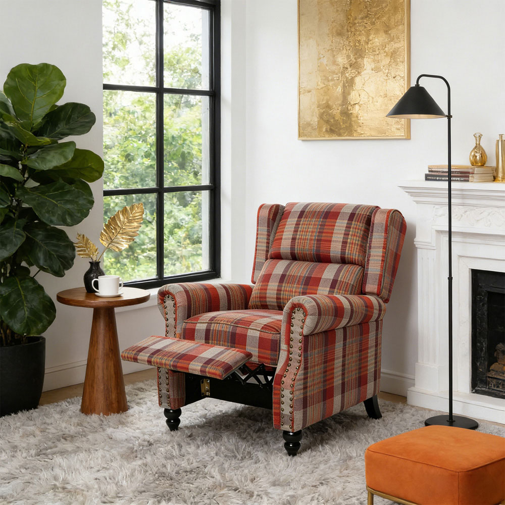 Living and Home Red Plaid Wingback Recliner Armchair with Adjustable Backrest and Footrest Image 8