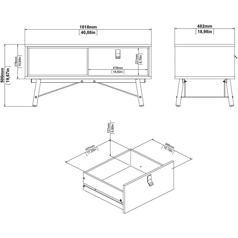 Florence Ry Single Drawer Single Shelf Matt Black and Walnut Coffee Table Image 7