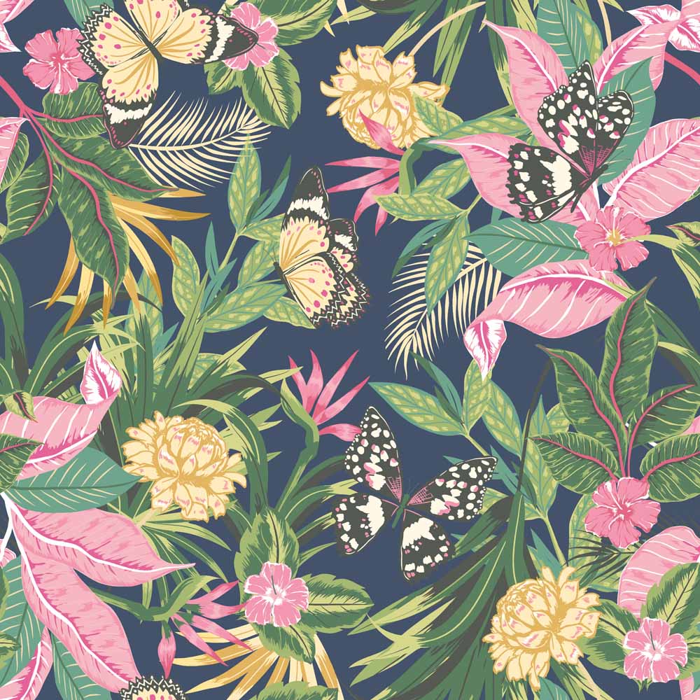 Hoopla Walls Paradise Indigo and Pink Non Woven Wallpaper Image 1