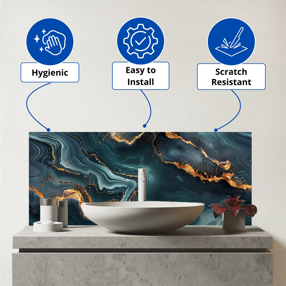 Warren Reed Designer Gold and Blue Marble Effect Bathroom Splashback 25 x 60cm Image 3