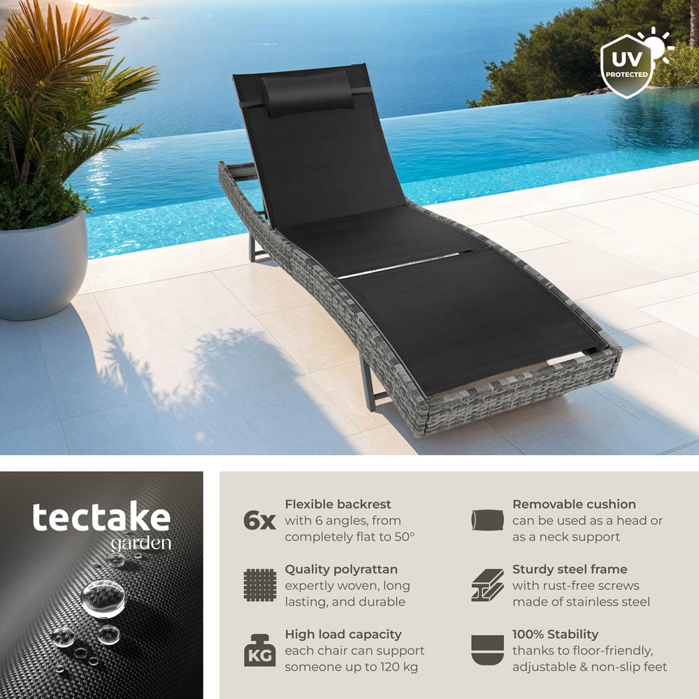 tectake 6 Step Adjustable Mottled Grey Polyrattan Sun Lounger Image 6
