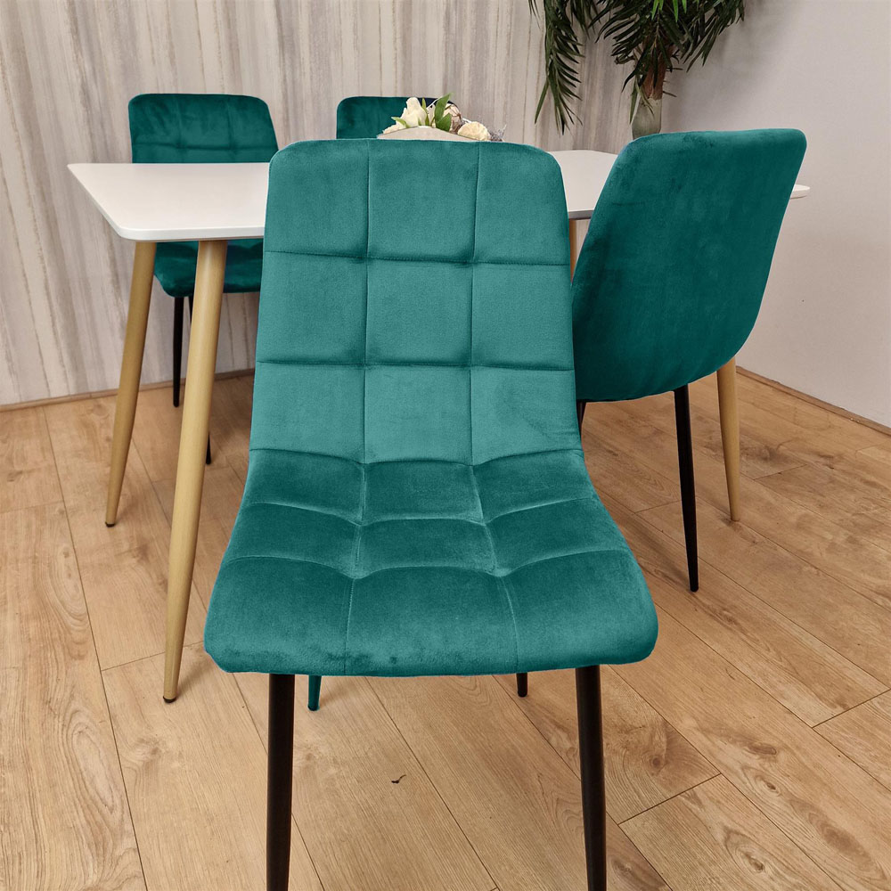 Kosy Koala 4 Seater Wooden and Velvet Dining Table Set White and Green Image 2