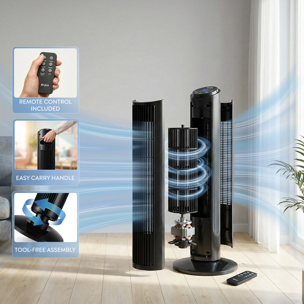Air Pro Black SmartVoice Control Oscillating Bladeless Tower Fan with Remote 30 inch Image 4