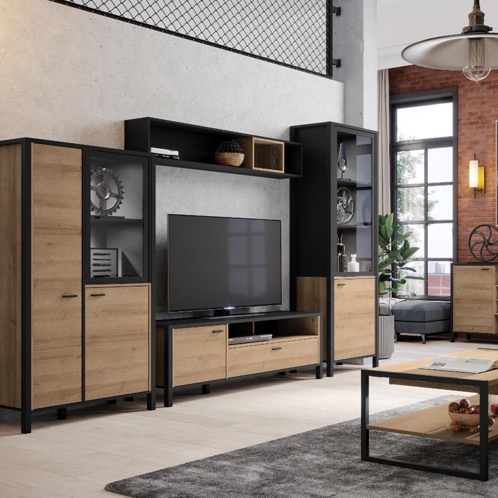 Florence High Rock 2 Door Matt Black and Riviera Oak Small Display Cabinet Image 7