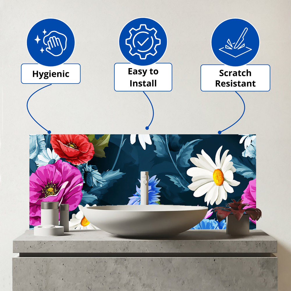 Warren Reed Designer Poppy Flowers and Chamomile Glass Bathroom Splashback 25 x 60cm Image 3