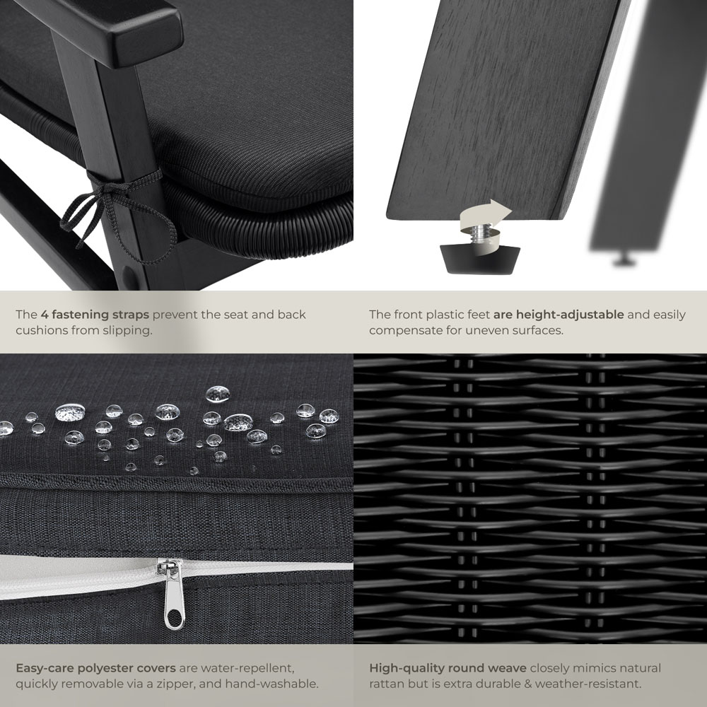 tectake Black Rattan and Varnished Wood Lounge Arm Chair Image 5