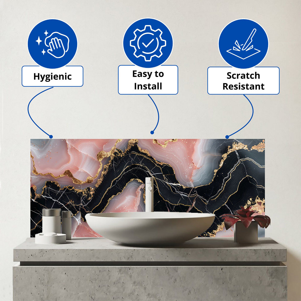 Warren Reed Designer Baby Pink and Black Marble Effect Bathroom Splashback 25 x 60cm Image 3