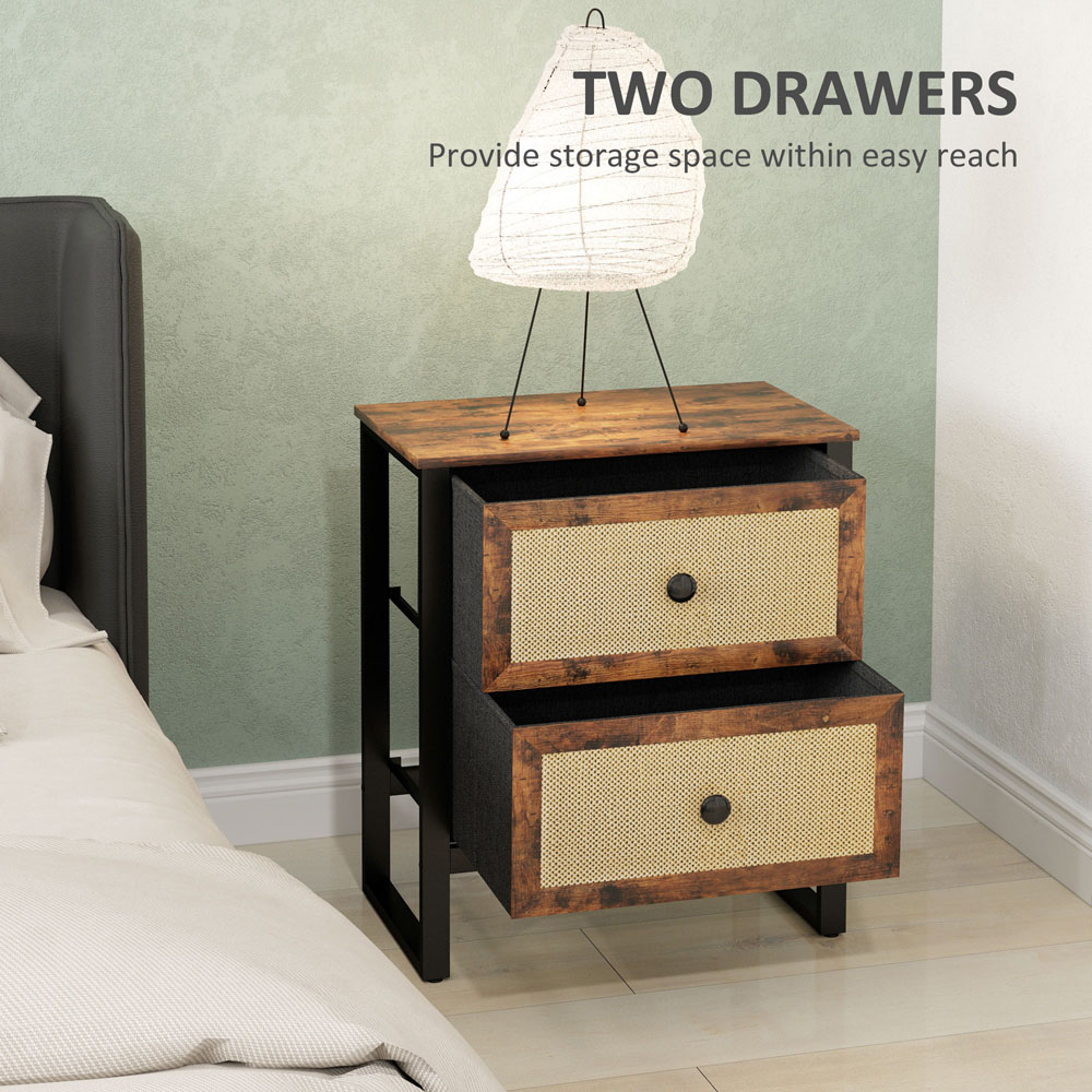 Portland 2 Drawer Rustic Brown Rattan Bedside Table Image 7