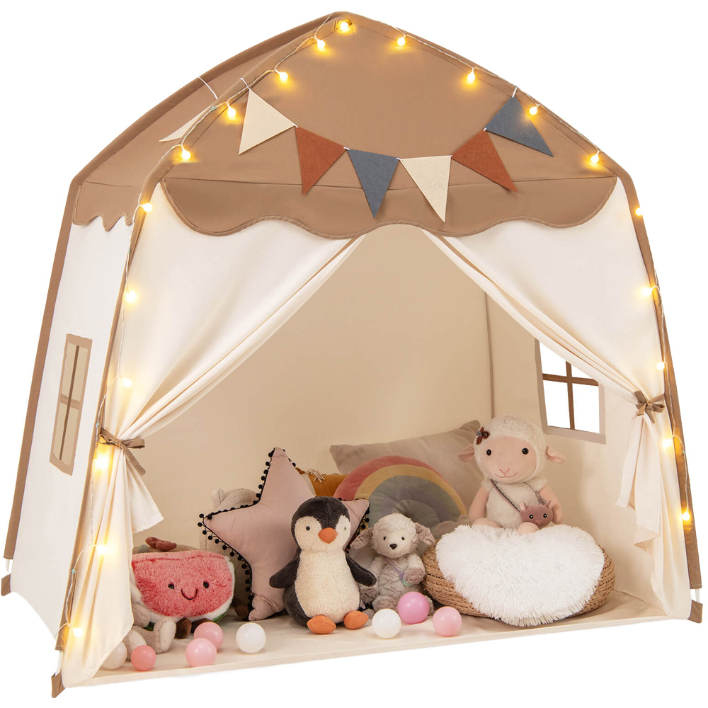 Costway 3 Person Extra Large Kids Play Tent with Lights Coffee Image 1