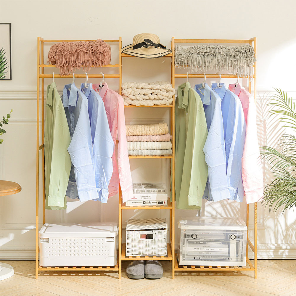 Living and Home Multi-Tier Natural Bamboo Clothing Rack with Storage Shelf Image 6