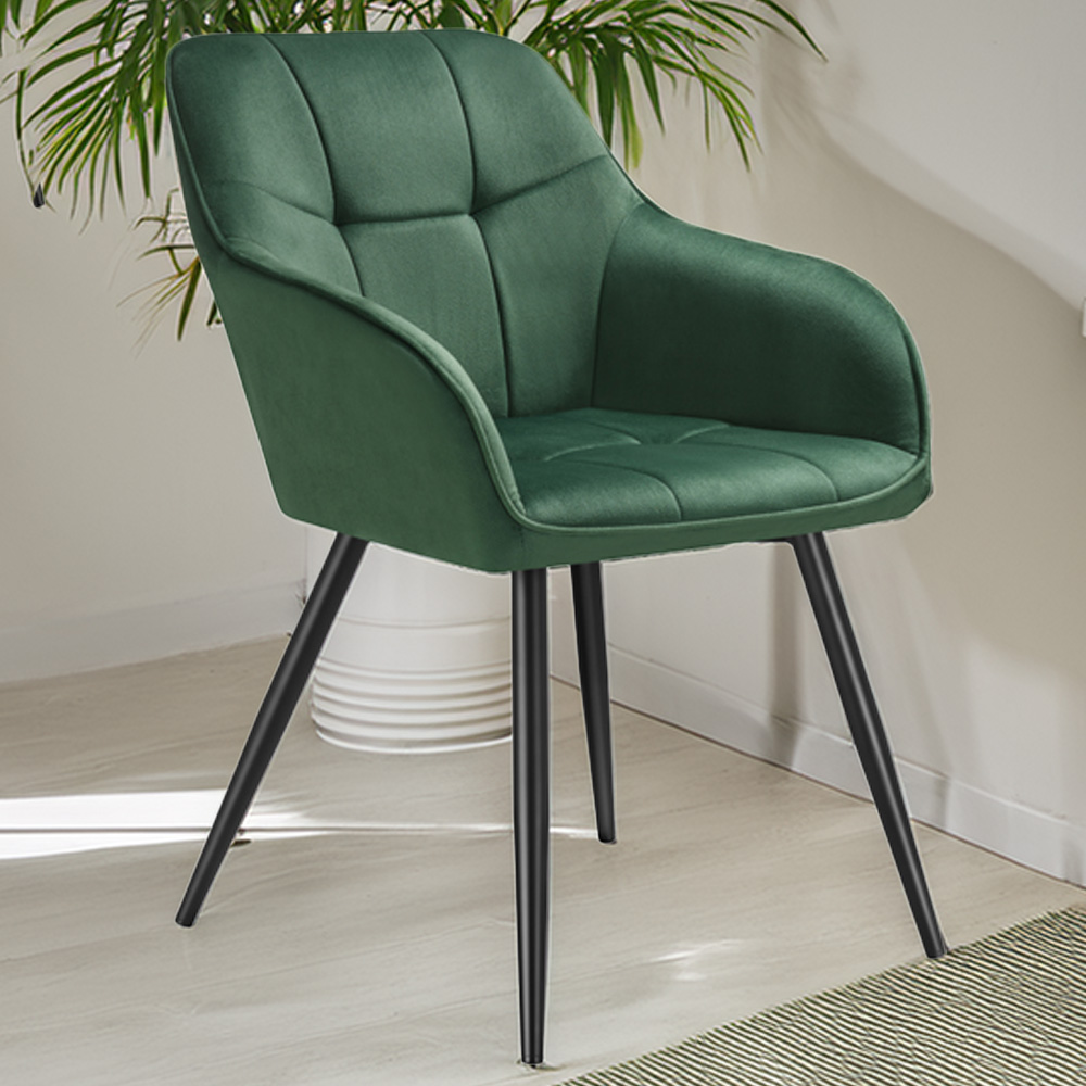tectake Marilyn Set of 4 Dark Green and Black Quilted Velvet Dining Chair Image 1