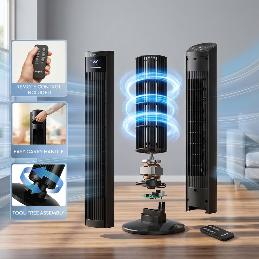 Air Pro Black Oscillating Bladeless Mono Tower Fan with Remote 36 inch Image 4