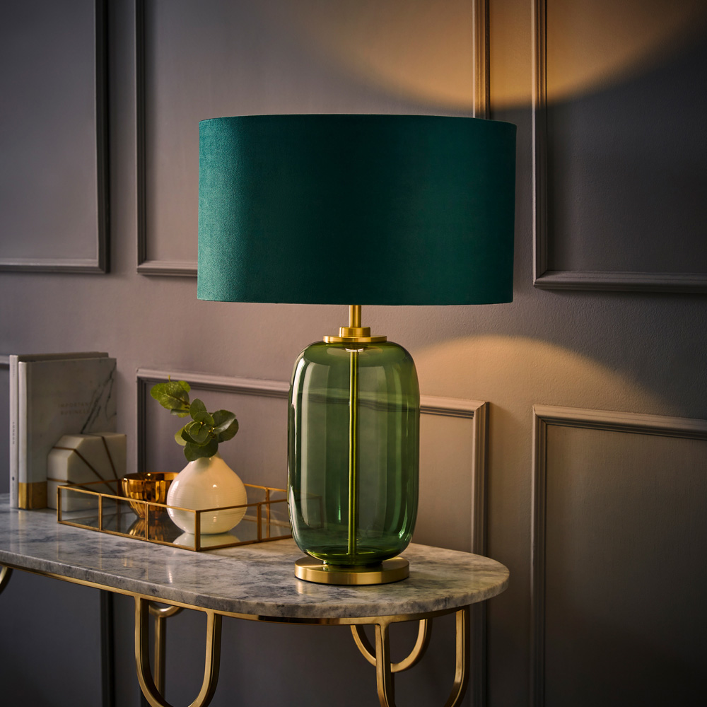 ValueLights Leigh Reni Green Velvet Shade Forest Green Glass LED Table Lamp Image 6