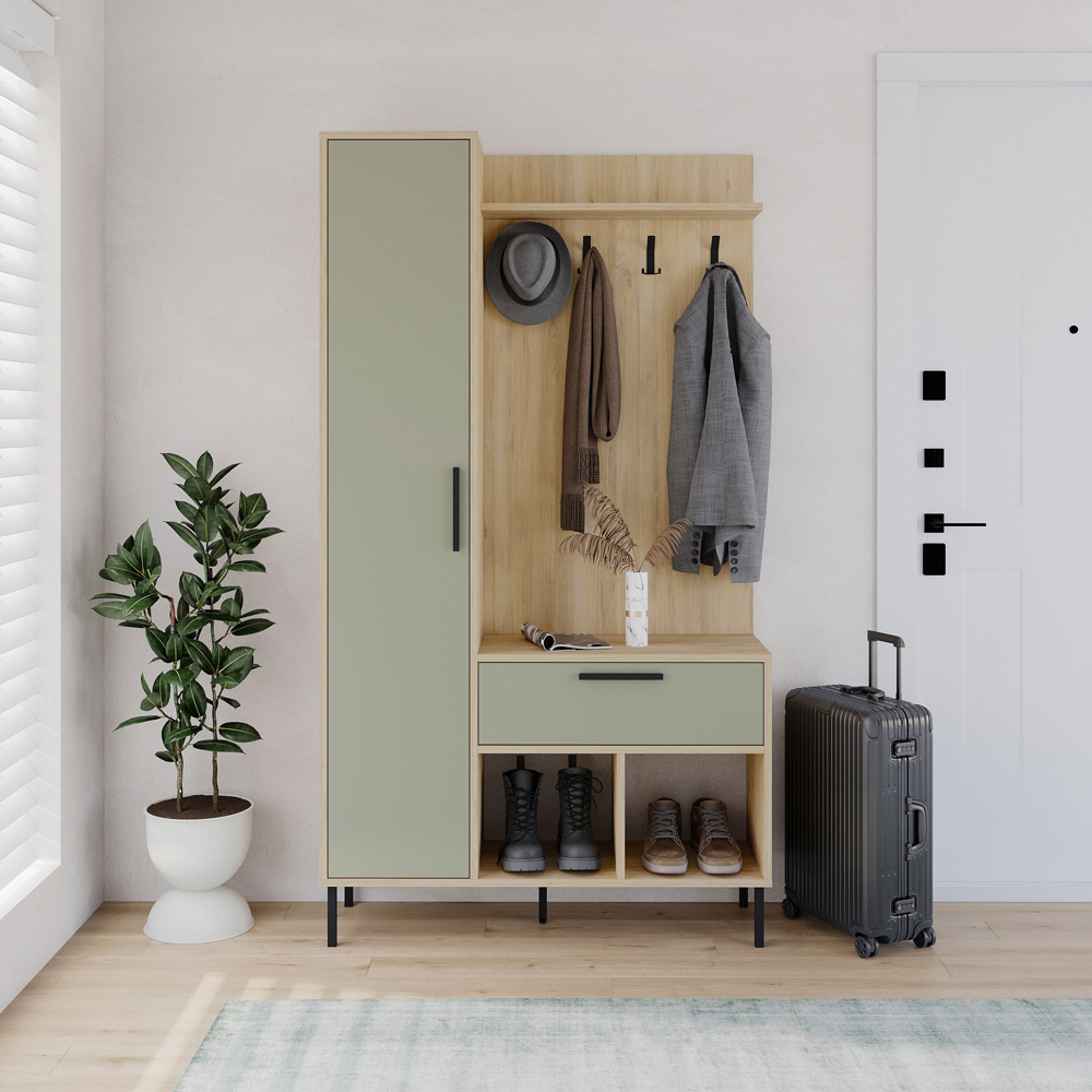 Decortie Acton Single Door Single Drawer Sapphire Oak Ash Green Entryway Coat Rack with Shoe Storage Image 4