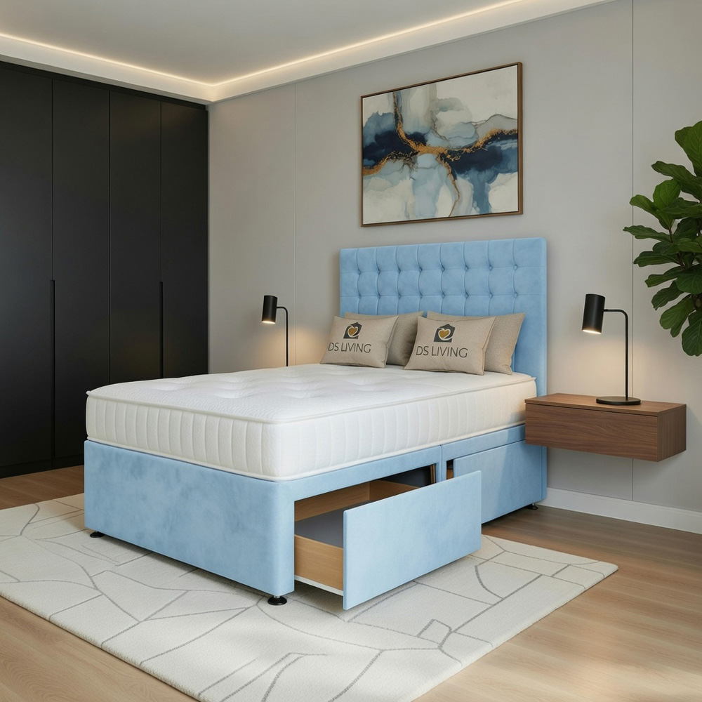 DS Living Casia Super King Size Sky Blue Plush Velvet Divan Bed with 4 Drawer Image 2