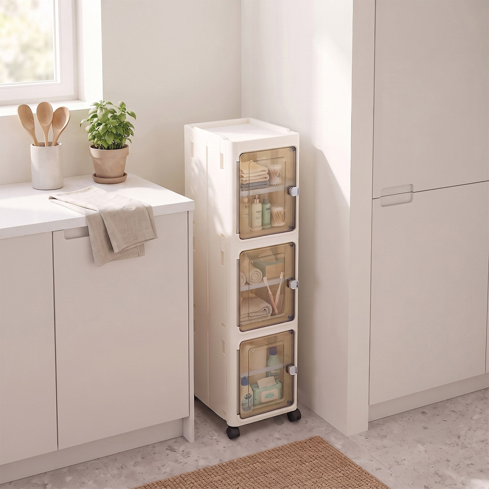 Living and Home 3-Tier White Slim Storage Cabinet with Wheels Image 7