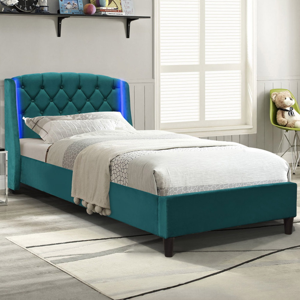 Comfy Living Single Green Fabric Bed Frame with LED Headboard Image 1