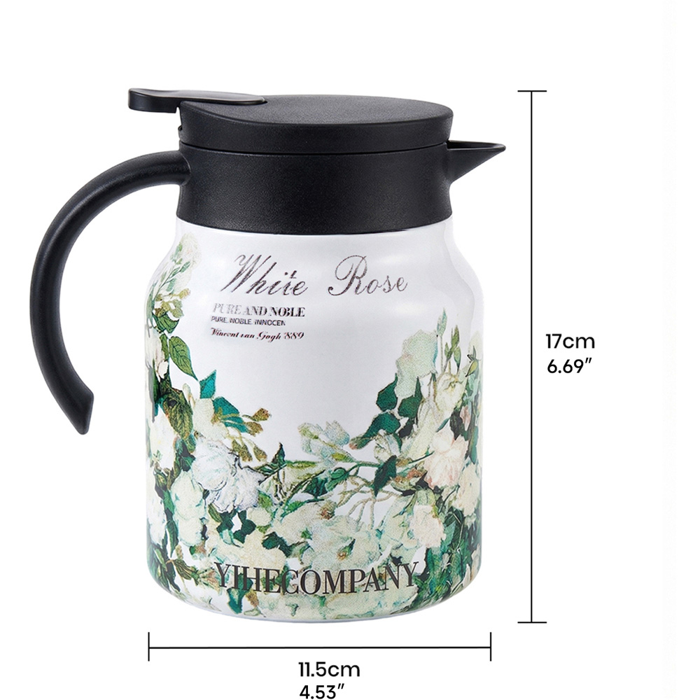 Living and Home White Rose Vintage Floral Stainless Steel Thermal Teapot with Infuser 1L Image 8