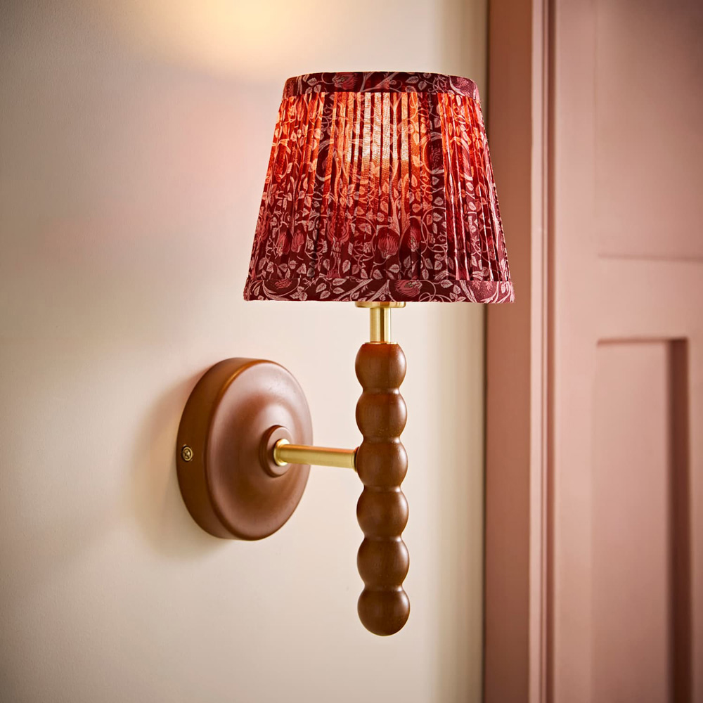 ValueLights Bobble Burgundy Floral Pleated Shade Walnut Wooden Wall Light with Bulb Image 6