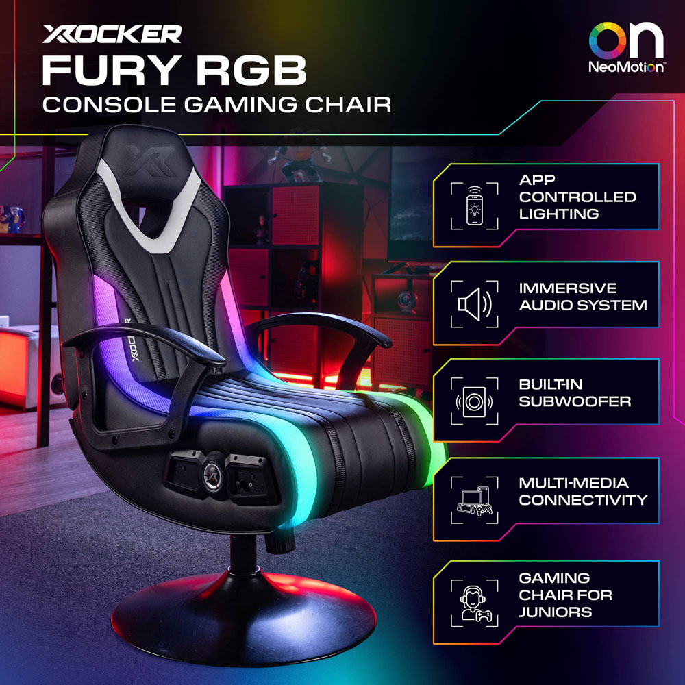 X Rocker Fury Black and White RGB LED Stereo Audio Pedestal Gaming Chair with Neo Motion App Control Image 7