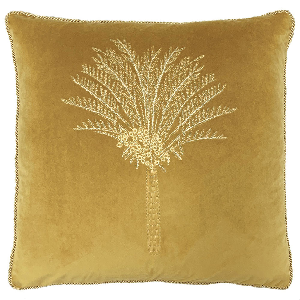 furn. Desert Palm Olive Embroidered Velvet Cushion Image 1