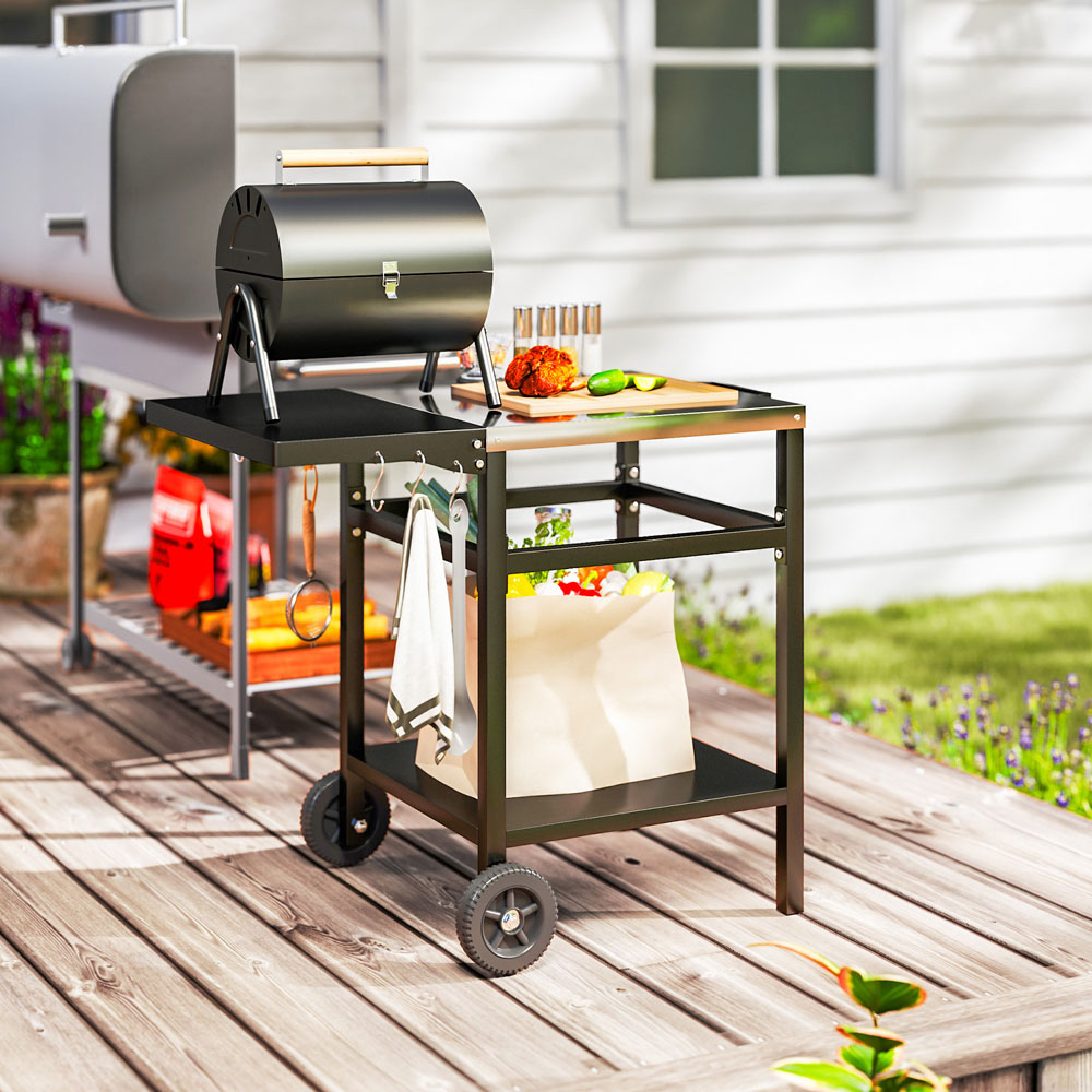Outsunny Black Barbecue Trolley with Foldable Side Table Image 5
