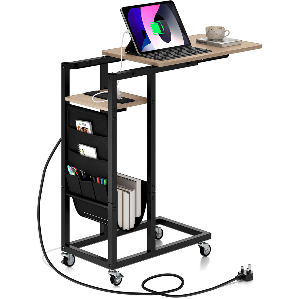 Costway Natural C Shaped End Table Rolling with Charging Station and Retractable Tabletop Image 3