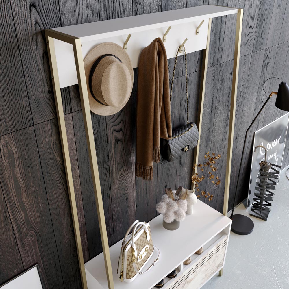 Decorotika Devin Single Door 2 Shelf White Marble and Gold Coat and Shoe Rack Image 4