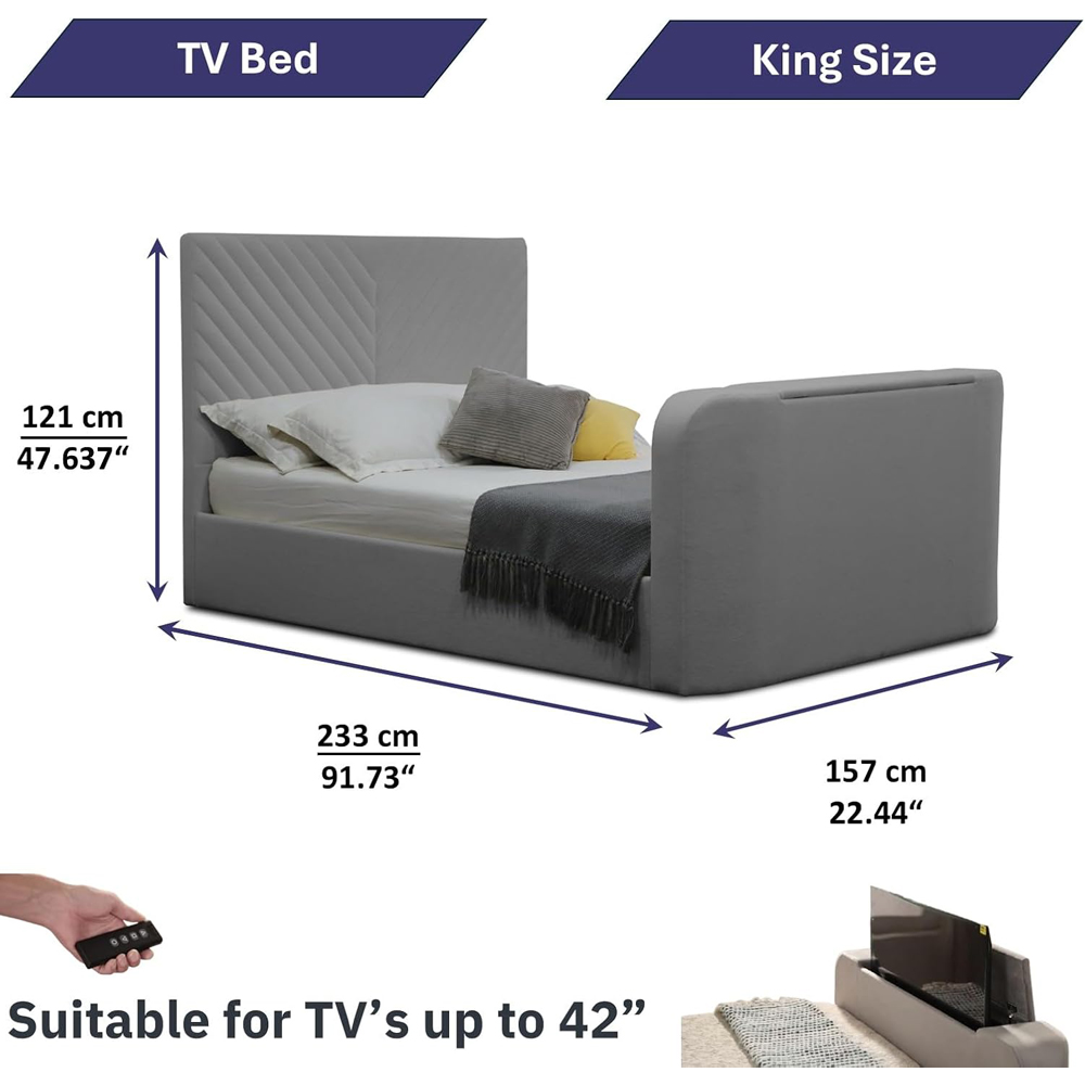 Home Treats King Size Grey Velvet Ottoman TV Bed with Mattress Image 9