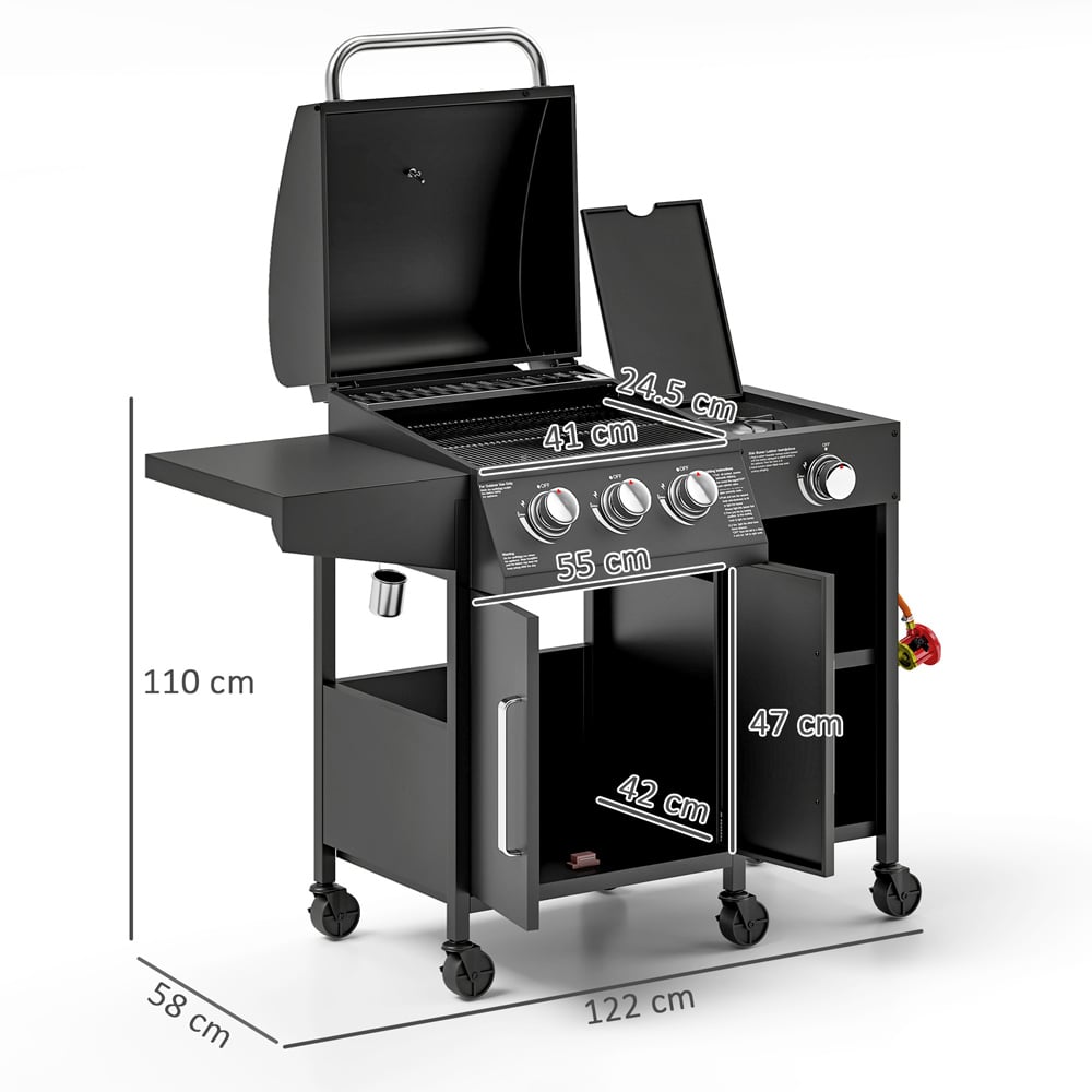 Outsunny 3+1 Burner Gas Barbecue with Storage Cabinet and Shelf 9500W Image 9