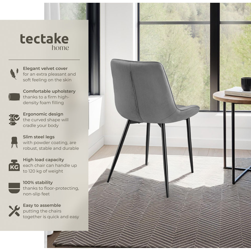 tectake Monroe Set of 2 Grey Velvet Padded Dining Chair Image 8