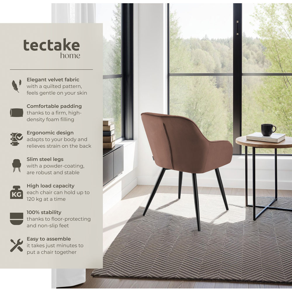 tectake Marilyn Set of 4 Brown and Black Quilted Velvet Dining Chair Image 6